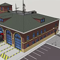 Fire Station Brick Building with Arch Entrances Red Fire Truck Parking Lot and Roof Antennas