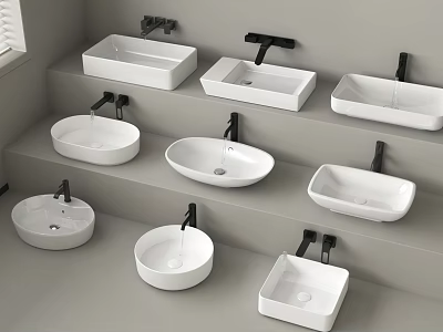 Modern White Wash Basins With Various Shapes And Black Wall Mounted Faucets 3d model