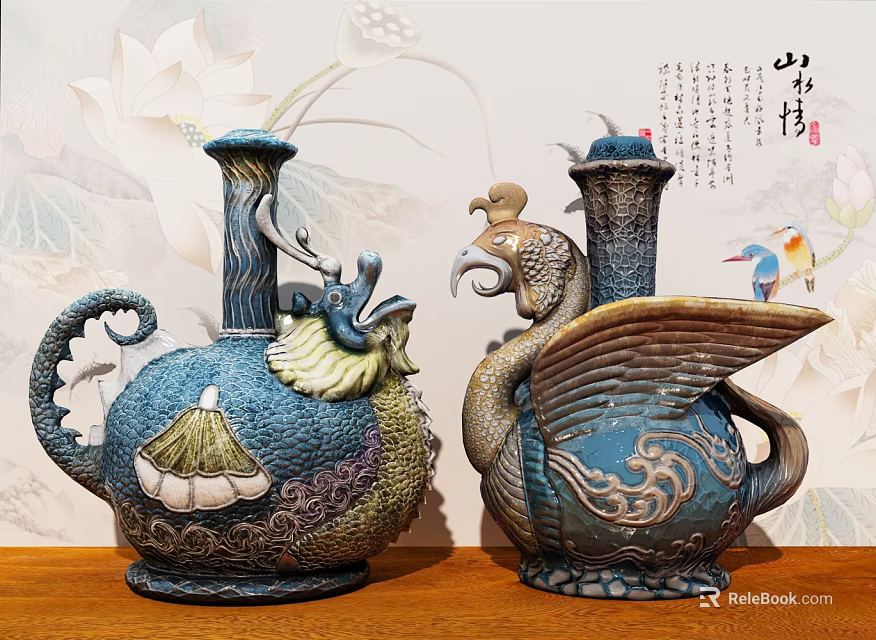 Dragon and Phoenix Themed Decorative Vases with Intricate Carvings and Blue Gray Design 3d model 
