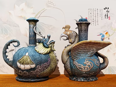 Dragon and Phoenix Themed Decorative Vases with Intricate Carvings and Blue Gray Design 3d model