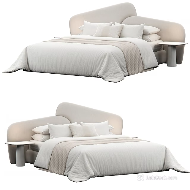 Modern Minimalist Double Bed With Curved Headboard Light Colored White Bedding And Side Nightstand 3d model 