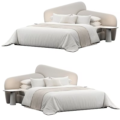 Modern Minimalist Double Bed With Curved Headboard Light Colored White Bedding And Side Nightstand 3d model