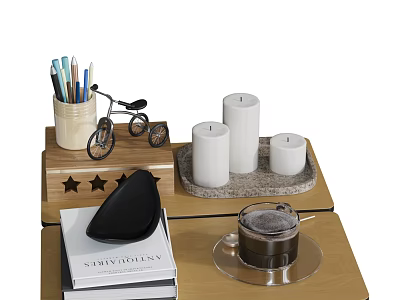 Elegant Decorative Ornament Set With Candles Mini Bicycle Model Pencils Books Coffee Cup And Tray 3d model