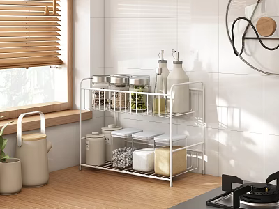 White Metal Kitchen Countertop Storage Shelf Organizing Spices Jars And Essentials 3d model