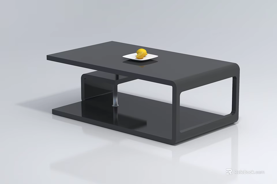 Modern Black Coffee Table Featuring Double Layer Design With White Plate And Yellow Fruit 3d model