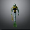 Sci Fi Humanoid Character With Transparent Helmet Blue Body Green Fins And Yellow Trident