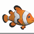 Clownfish With Orange And White Stripes And Black Edged Fins On Black Background