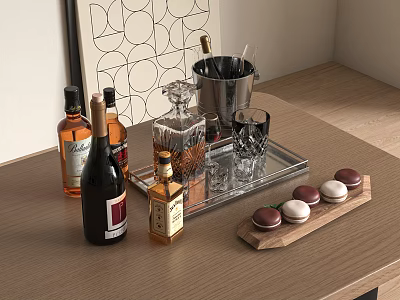 Stylish Wine Bottles and Glasses Arrangement on Tray with Macarons on Wooden Table with Decorative Artwork 3d model
