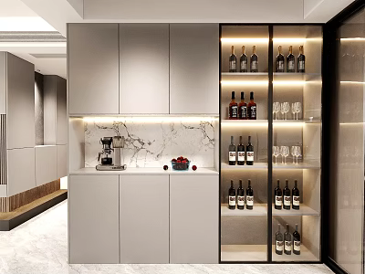 Modern Sideboard Design With Marble Backsplash Glass Door Storage Coffee Machine And Wine 3d model