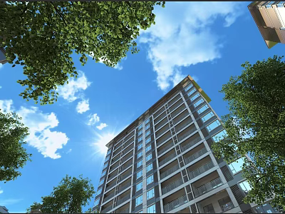 Modern Tall Residential Building With Balconies Green Trees Blue Sky And Sunlight 3d model