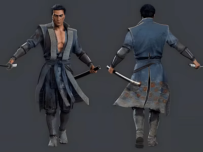 Game Movie Character In Wuxia Style Robe Holding Sword Front And Back Views 3d model