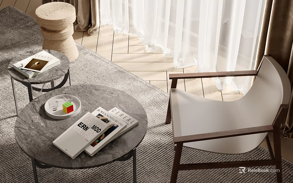 Round Coffee Table With Magazines Colorful Cubes On Tray In Modern Minimalist Living Room 3d model 