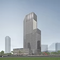Modern Tall Office Building With Glass Curtain Wall Urban Greenery And Road
