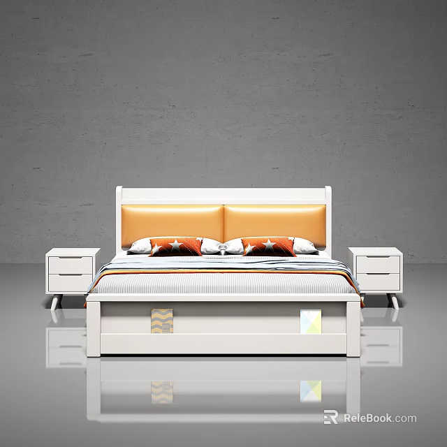 Modern Double Bed With White Headboard Orange Cushions And Bedside Tables 3d model
