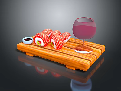 Fresh Salmon Sushi Rolls On Wooden Tray With Soy Sauce And Red Wine 3d model