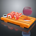 Fresh Salmon Sushi Rolls On Wooden Tray With Soy Sauce And Red Wine