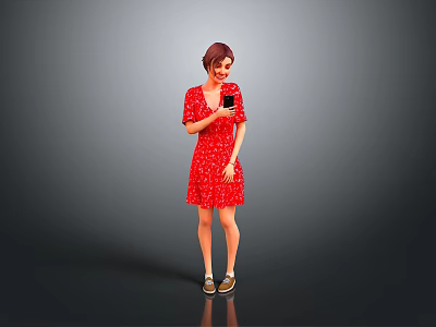 Standing In Red Polka Dot Dress Holding Black Cup Against Gray Background With Beige Shoes 3d model