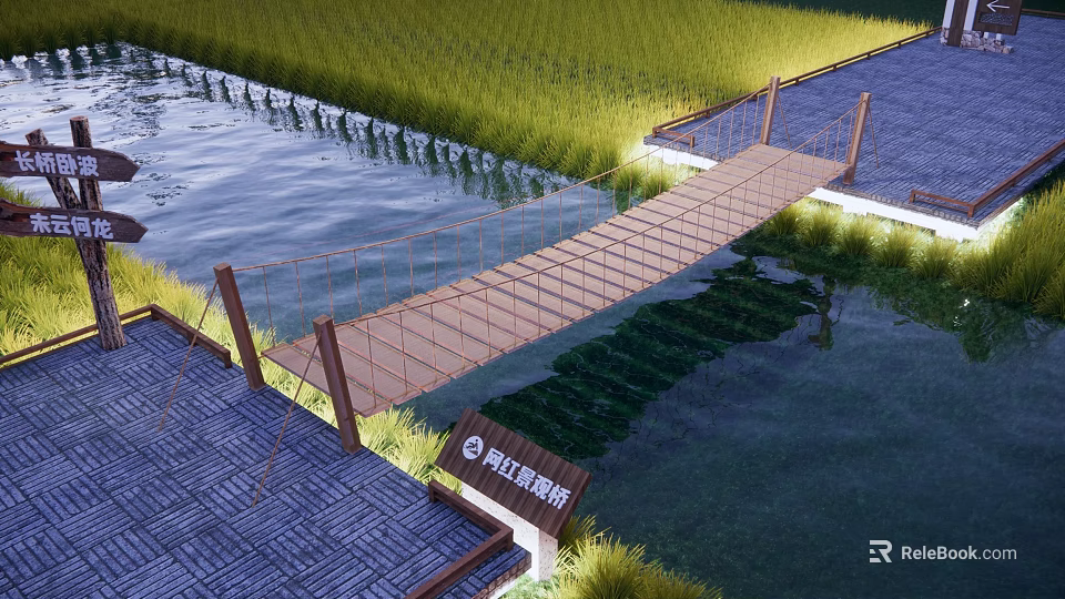 Scenic Rope Bridge With Wooden Plank Deck Over Water Area Near Rice Field 3d model 