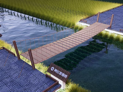 Scenic Rope Bridge With Wooden Plank Deck Over Water Area Near Rice Field 3d model