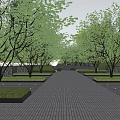 Serene Garden Landscape With Winding Brick Pathway Lush Green Trees And Large Rocks