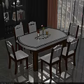 Elegant Oval Dining Table Set With Six Wooden Chairs Decorative Backrests And White Upholstery