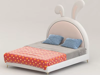 Kids Bed With Rabbit Ear Headboard Red Polka Dot Quilt And Blue Pillows 3d model