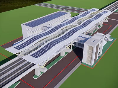 Modern White Transportation Hub With Solar Panel Roof And Railway Tracks Structure 3d model