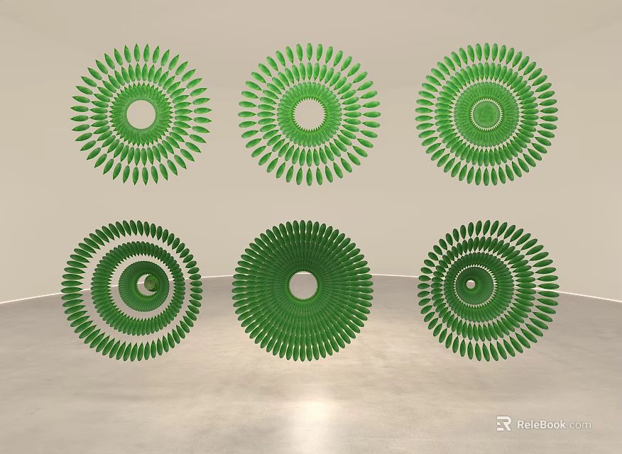 Crafted Bamboo Circular Decorative Artworks Arranged in Rows on White Wall 3d model