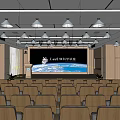 Conference Room Interior With Podium Large Projection Screen Comfortable Seats And Wooden Panel Walls