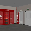 Fire Safety Equipment Station With Red Cabinet Fire Extinguishers And Emergency Exit Doors