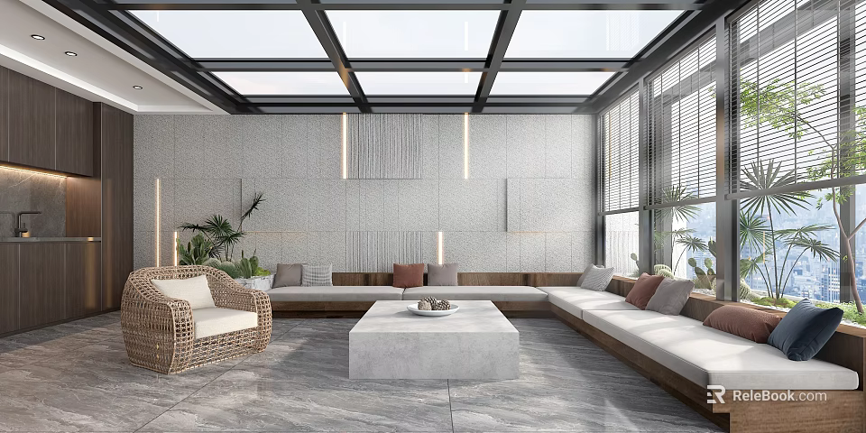 Modern Villa Balcony Outdoor Design With Rattan Sofa Stone Floor And Green Plants 3d model 