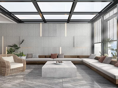 Modern Villa Balcony Outdoor Design With Rattan Sofa Stone Floor And Green Plants 3d model