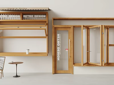 Retro Cafe Interior With Wooden Door Shelves And Retro Design Elements 3d model