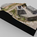 Weathered Concrete Structures With Square Openings Rusty Metal And Grassy Mossy Surroundings