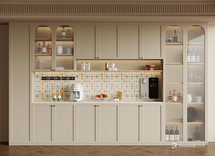Modern Kitchen Interior With Beige Cabinets Patterned Tile Backsplash And Glass Display Cabinets 3d model