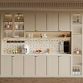 Modern Kitchen Interior With Beige Cabinets Patterned Tile Backsplash And Glass Display Cabinets 3d model