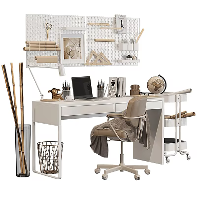 Organized White Home Office Desk With Laptop Globe Grid Panel And Bamboo Decor 3d model
