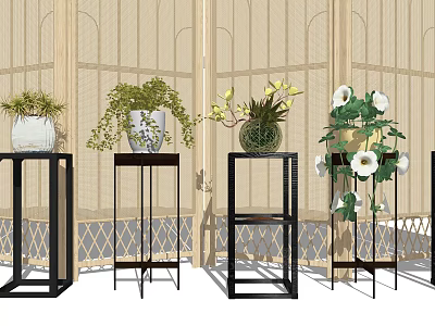 Bonsai Potted Plants On Black Metal Stands With Various Greenery And Screen Background 3d model