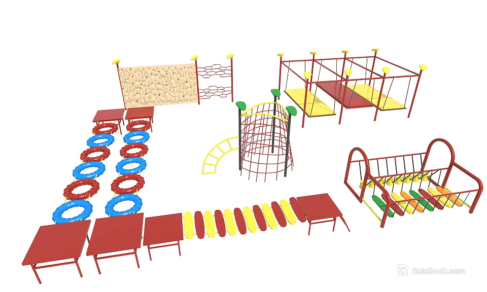 Colorful Playground Equipment With Climbing Net Rock Wall Balance Rings And Rope Ladder For Kids 3d model 