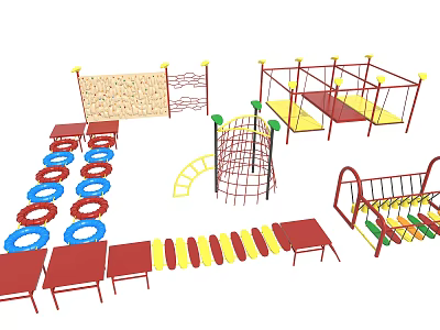 Colorful Playground Equipment With Climbing Net Rock Wall Balance Rings And Rope Ladder For Kids 3d model