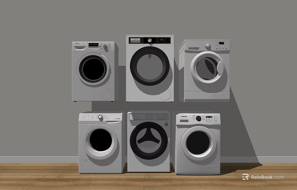 Six Modern Washing Machines Arranged Against Grey Wall On Wooden Floor 3d model 