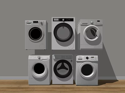 Six Modern Washing Machines Arranged Against Grey Wall On Wooden Floor 3d model