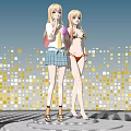Game And Movie Female Characters In School Uniform And Bikini With Blue Sky Square Pattern