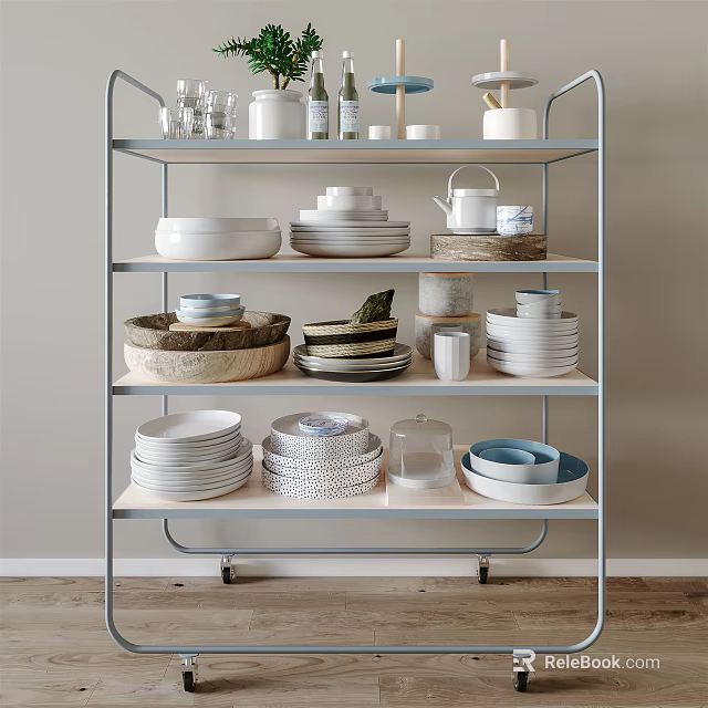 Minimalist Metal Shelf Unit Displaying Plates Bowls Mugs Glassware And Canisters 3d model 