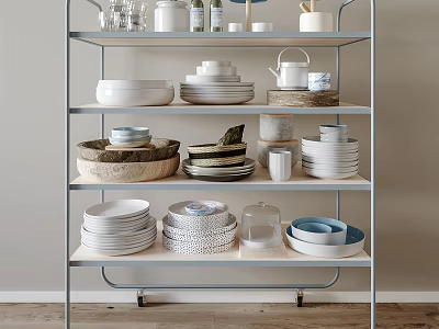 Minimalist Metal Shelf Unit Displaying Plates Bowls Mugs Glassware And Canisters 3d model