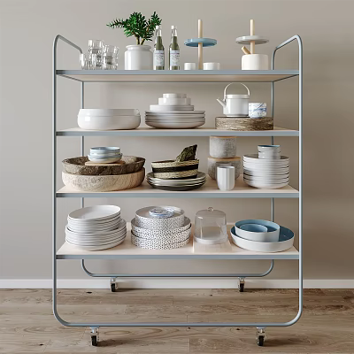 Minimalist Metal Shelf Unit Displaying Plates Bowls Mugs Glassware And Canisters 3d model