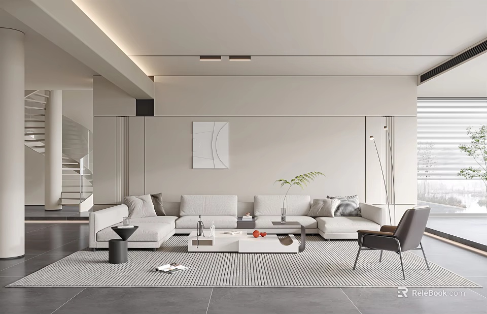 Modern Living Room Interior With White Sectional Sofa Coffee Table Area Rug And Wall Art 3d model 