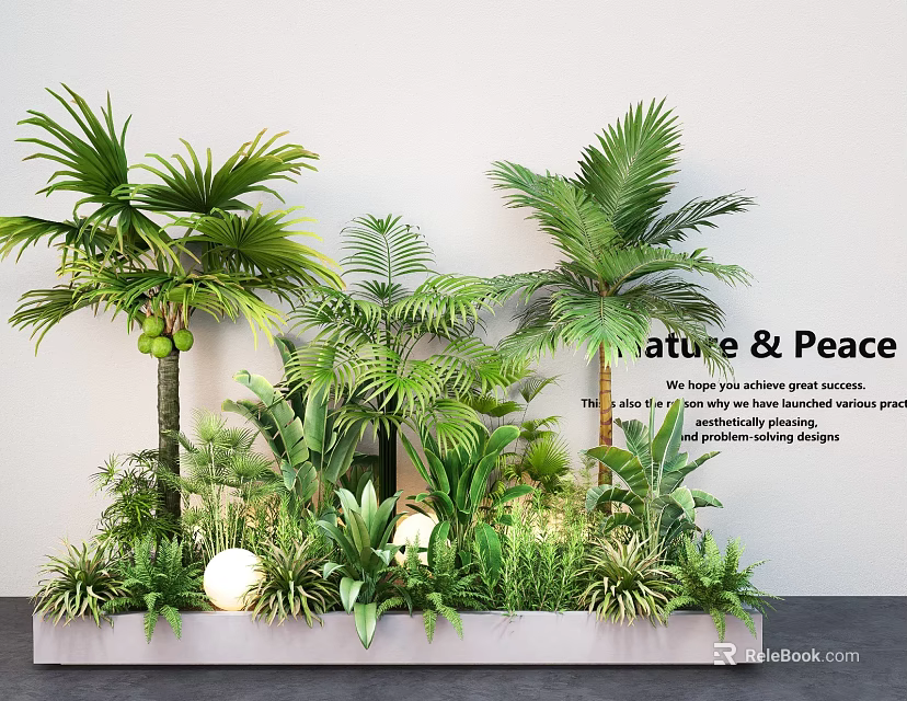 Lush Plant Combination With Palm Trees Green Plants White Spherical Lights And Nature Peace Vibe 3d model 