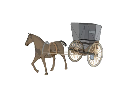 Brown Horse Pulling Covered Carriage With Wooden Wheels On White Background 3d model