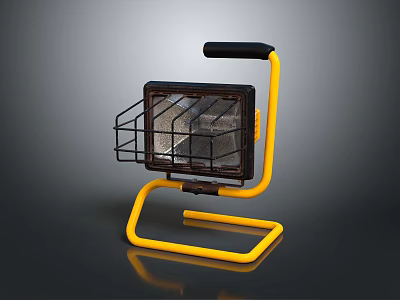 Portable Work Light With Yellow Stand Black Handle And Metal Guard 3d model